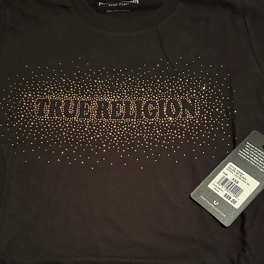 True Religion Black Tee with Rhinestones Studded Logo streetwear NWT Size XXS
